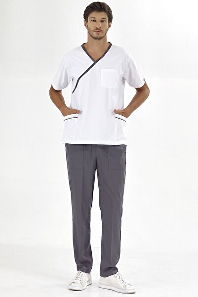 ÇİZGİ MEDİKAL Lead Gray Double-Breasted Collar Suit - High Quality Luxury Lycra Fabric Doctor Nurse Jersey