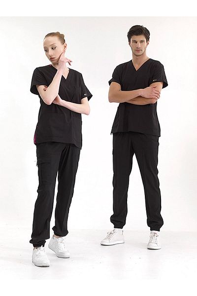 ÇİZGİ MEDİKAL Scrubs de jogger negru din Lycra de înaltă calitate - Set uniform de lux