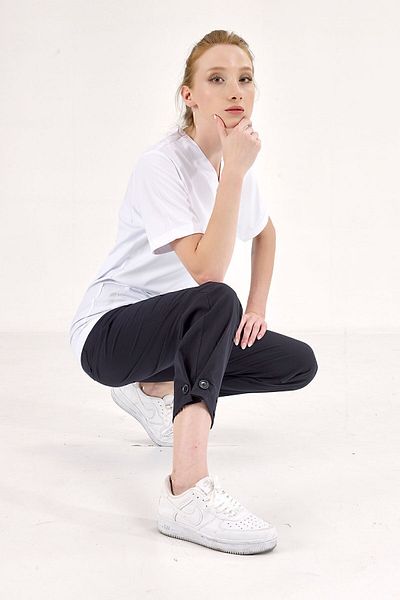 ÇİZGİ MEDİKAL Pantaloni de lux retro din lycra albastru bleumarin cu detaliu cu nasturi Doctor Nurse Pantaloni cu un singur fund