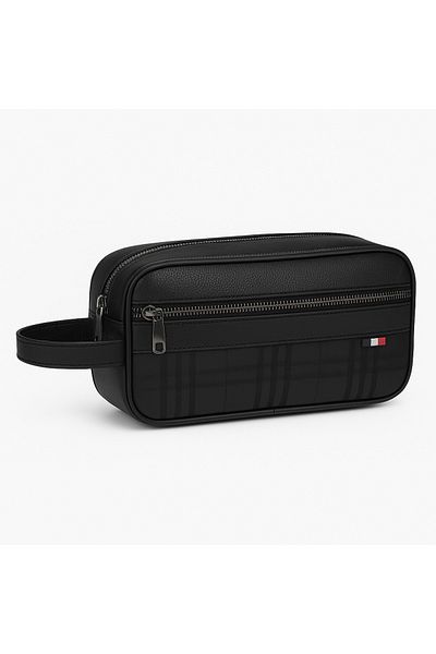 Newish Men's Black Vegan Leather Waterproof Elegant Portfolio Style Clutch Bag Shaving Cosmetic Bag