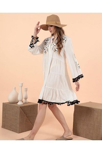 EL jadida Women's Embroidered Tassel Plus Size Viscose Short Dress Saks