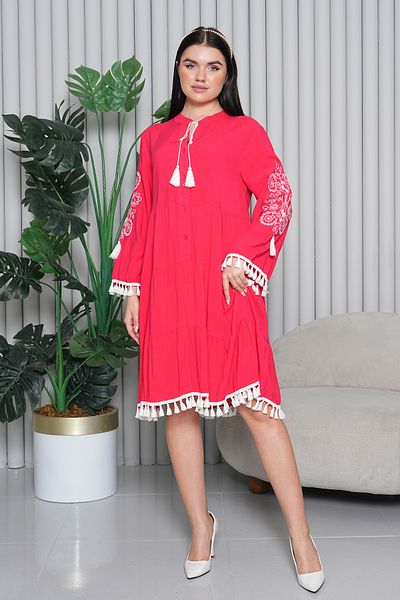 EL jadida Women's Embroidered Tassel Plus Size Viscose Short Dress Fuchsia