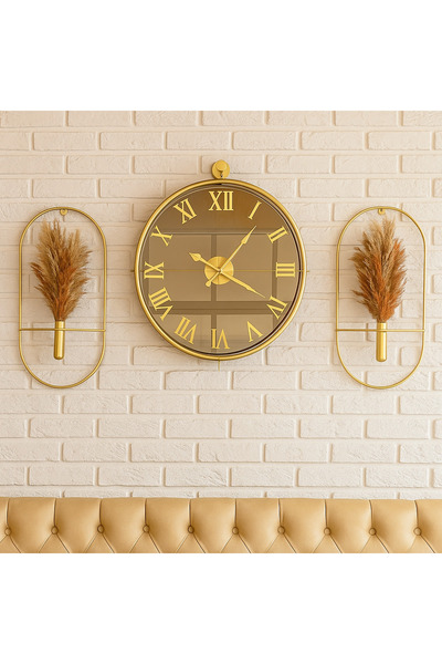 Mgs DUVAR SAATİ mobilya TİNATTİ GOLD ROMA BRONZ AYNALI SET ÇİÇEKLİK not: pampaslar dahil değildir