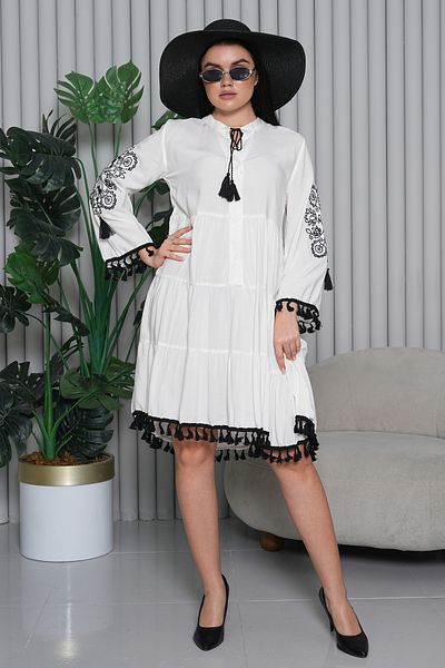 EL jadida Women's Embroidered Tassel Plus Size Viscose Short Dress White