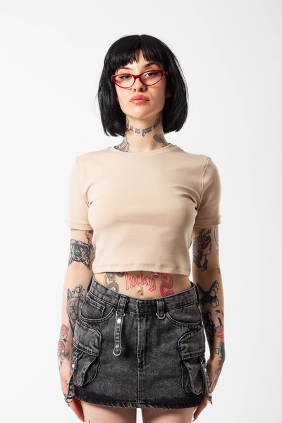 Bak Moda Bež Skraćeni kroj T-shirt - Premium tkanina
