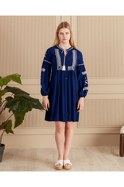 EL jadida Women's Embroidered Tassel Plus Size Viscose Short Dress Navy Blue