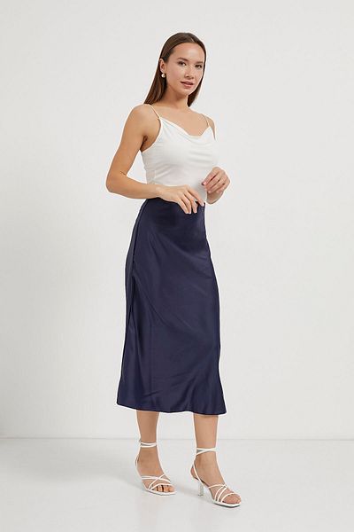 Arma Life Fusta lungă din satin bleumarin de vară pentru femei cu fermoar lateral