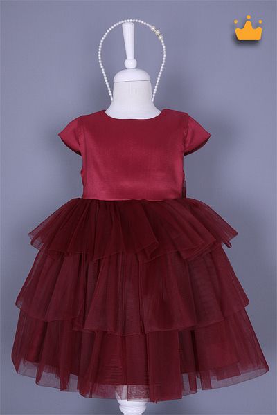 MİNİMONY 4-8 Years Old Girl's Evening Dress with Pearl Crown Layered Tulle Skirt Holiday Wedding Dress Burgundy 6572