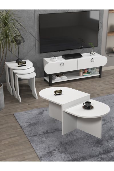 GOLDFALEZ Tv Sehpası Ünitesi Tekli Orta Sehpa 3'Lü Zigon Sehpa Set Üç Ürün Beyaz