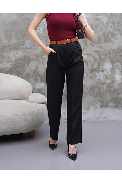 LAND MODA Women's High Waist Loose Wide Leg Belt Pleated Woven Fabric Palazzo Pants