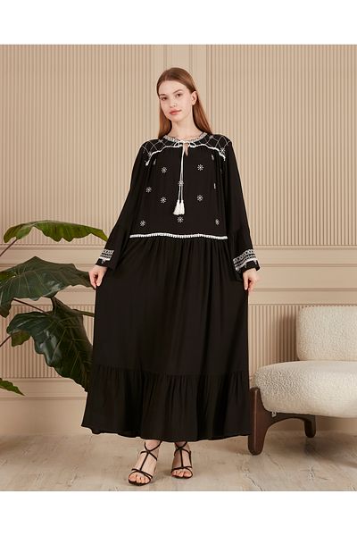 EL jadida Women's Embroidered Plus Size Viscose Long Dress Black