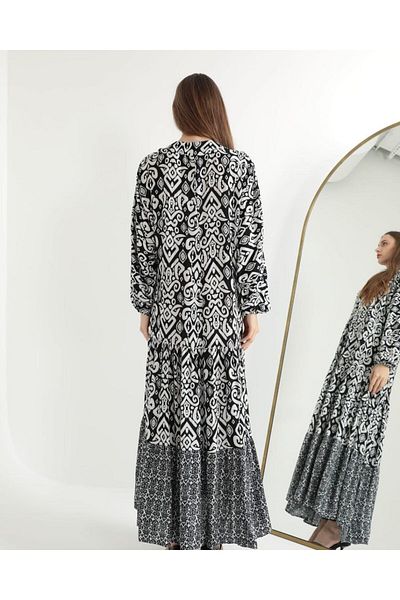 EL jadida Women's Patterned Plus Size Long Viscose Dress Black