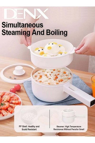 Denx Electric Heating Pot 2L with Steamer and Temperature Control, Non-Stick Cooker, Electric Frying Pan,