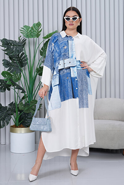 EL jadida Γυναικείο τζιν εμπριμέ μακρύ φόρεμα βισκόζης σε μεγάλο μέγεθος λευκό