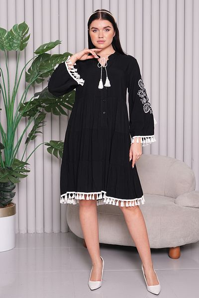 EL jadida Women's Embroidered Tassel Plus Size Viscose Short Dress Black