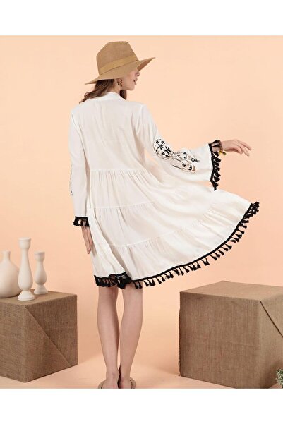 EL jadida Γυναικείο Κεντημένο Φούντα Μεγάλο Μέγεθος Κοντό Φόρεμα Βισκόζης Σαξ