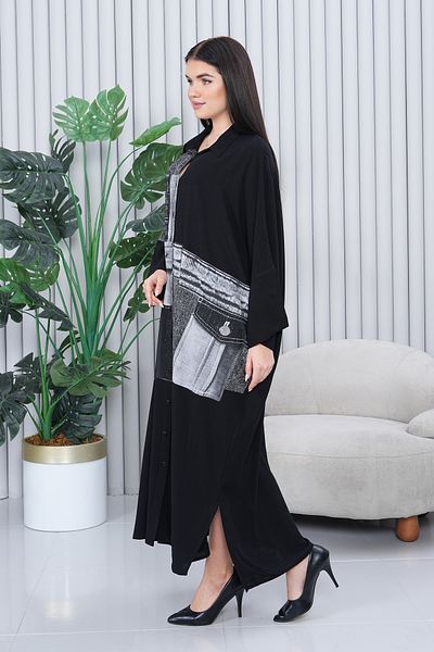 EL jadida Women's Denim Printed Plus Size Viscose Long Dress Black