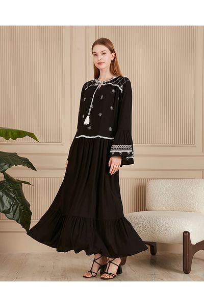 EL jadida Women's Embroidered Plus Size Viscose Long Dress Black