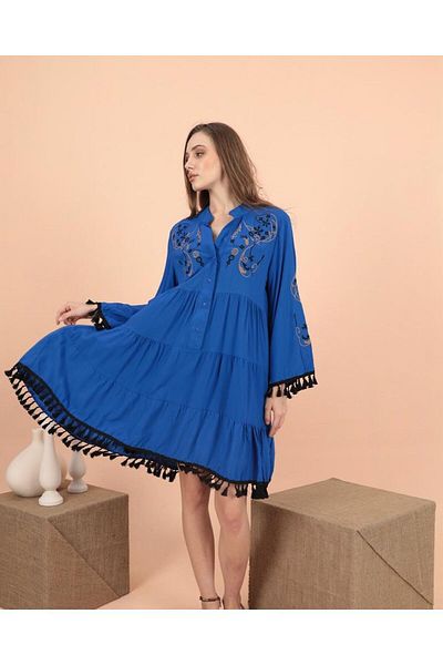 EL jadida Women's Embroidered Tassel Plus Size Viscose Short Dress Saks