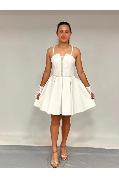 Erkut Girls Crepe Fabric Short Off White Evening Dress