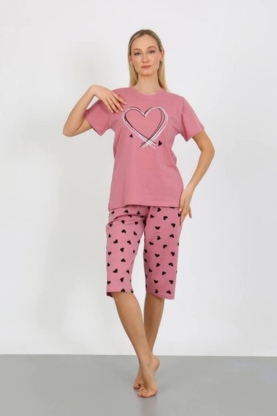 shopshop Women's Pink 100% Cotton Heart Summer Short Sleeve Pocket Capri Bermuda Pajama Set