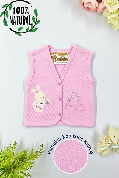 Miniel Baby Girl Floral Teddy Bear Embroidered Organic Cotton 3-6-9 Months 2-Piece Quilted Baby Vest - Colorful