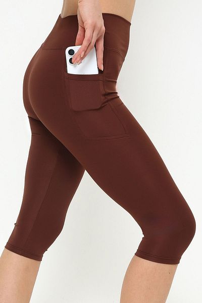 OPENDO Leggings Capri cu buzunar maro cu talie înaltă
