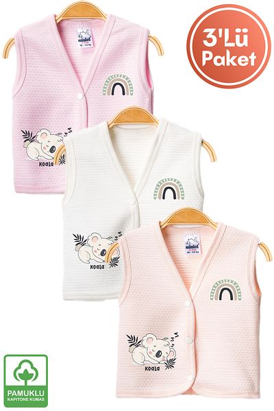Miniel Unisex Baby Printed Organic Cotton 3-6-9 Months 3-Piece Quilted Baby Vest Set