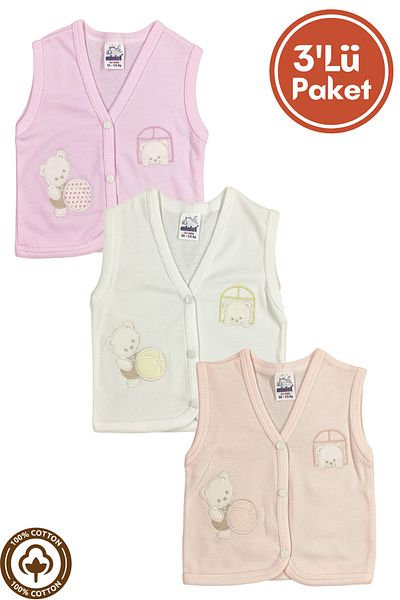 Miniel 3-piece Unisex Baby Vest Set - Teddy Bear Embroidered, Organic Cotton, 3-6-9 Months