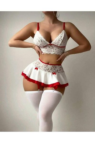 DESİLE Model Asistentă Model Roșu-alb Set Costum Asistentă Fancy