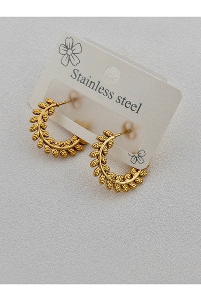 Siya Silver Yaprak Desenli Gold Renk Çivi Halka Çelik Küpe - 2,3 Cm