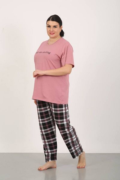 shopshop Women's Pink 100% Cotton Plaid Oversize Large Size Short Sleeve Summer Pajama Set