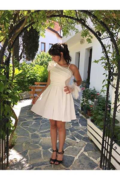 Erkut Girl's Cream Color Crepe Fabric Short Evening Dress