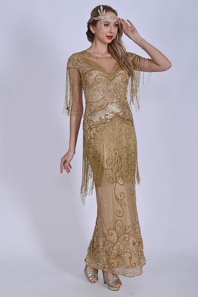 GATSBYLADY LONDON Ethel Maxi Fringe Gown in Gold