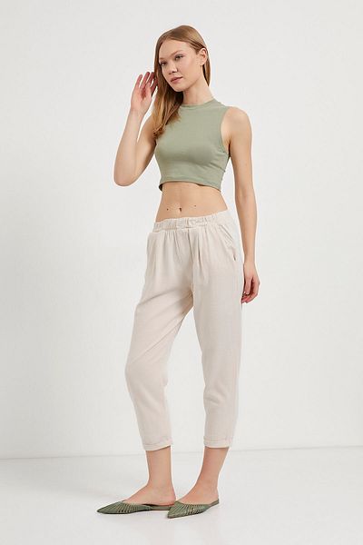 Arma Life Women's Stone Front Placket Waist Elastic Linen Carrot Pants