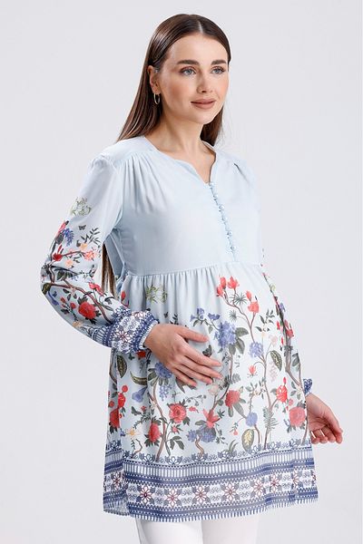 KATLİN MATERNİTY WEAR Pregnant Floral Pattern Lined Chiffon Blouse with Collar Button Detail (Breastfeeding)