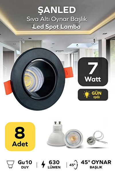 ŞANLED 6w Sıva Altı Oynar Başlık Gu10 Siyah Kasa Gün Işığı Led Spot Lamba-8 Adet