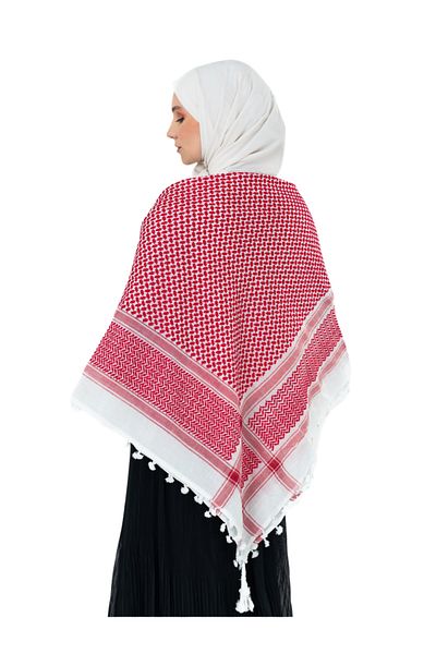 Zaytoon Dense Red Striped Kefiye Scarf - Palestine Puchsia with Tassels S300003