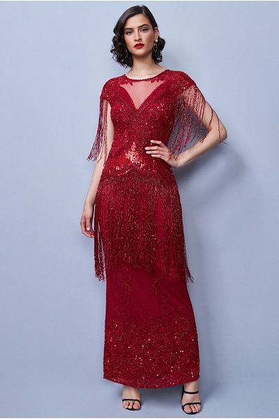 GATSBYLADY LONDON Ethel Maxi Fringe Gown in Red