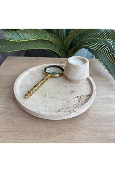 LİSPERA Lispera Travertine Marble Presentation Plate, Marble Presentation Plate, Travertine Decorative Presentation Plate