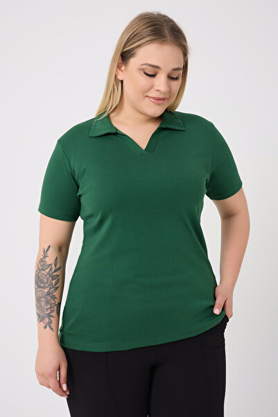 BANEGA Curve Plus Size Γυναικεία βαμβακερή Lycra V λαιμόκοψη Βασική μονόχρωμη κοντομάνικη πράσινη μπλούζα