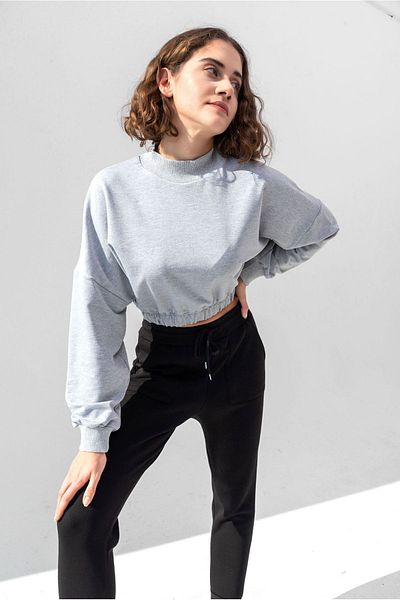 la & vetta Women's Gray Cotton Crew Neck Crop Sweatshirt