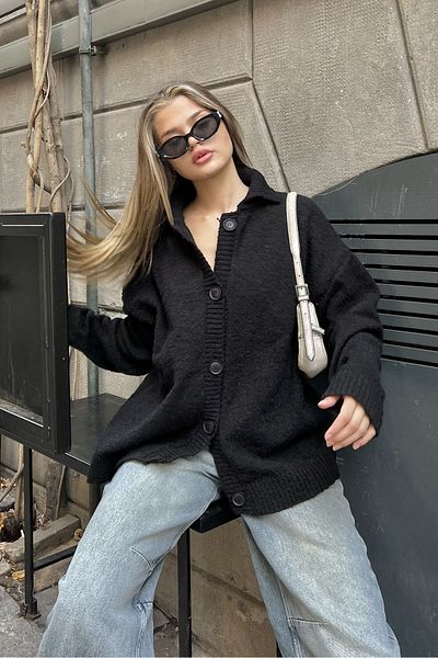 la & vetta Cardigan negru cu gât polo cu nasturi