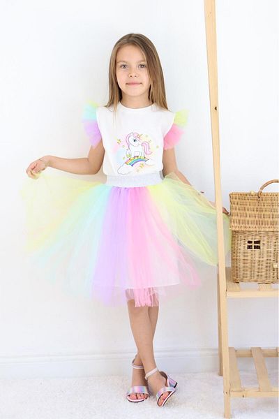 falcomini Girl's Unicorn Printed Tulle 2-Piece Skirt Blouse 3/6 Years