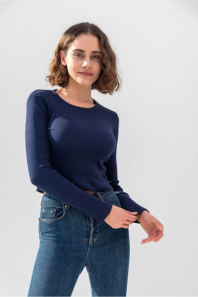 la & vetta Bluză închisă cu mânecă lungă bluză cu nervuri Tricou tricotat crop