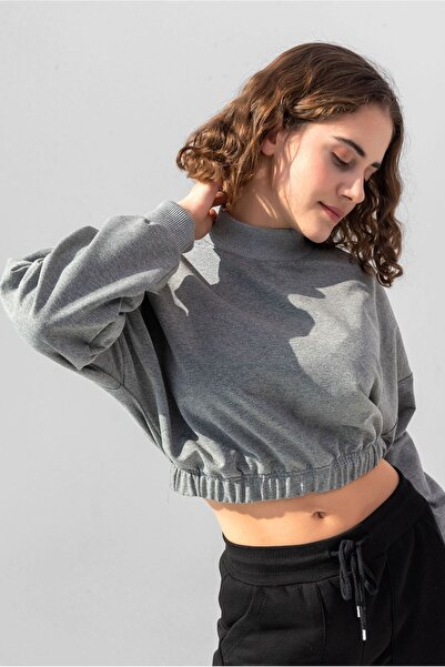 la & vetta Women's Smoked Cotton Crew Neck Crop Sweatshirt