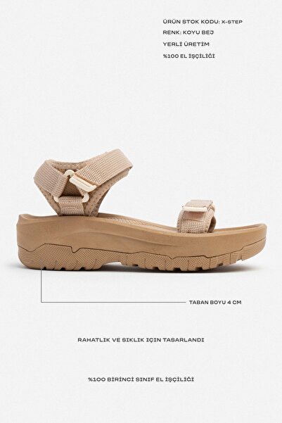 NİŞANTAŞI SHOES X-Step Dark Beige Velcro Thick Sole Women's Sandals