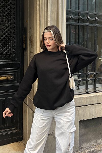 la & vetta Siyah Basic Bisiklet Yaka Oversize Sweatshirt