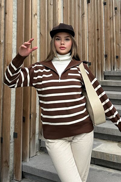 la & vetta Πλεκτό πουλόβερ με καφέ ριγέ φερμουάρ