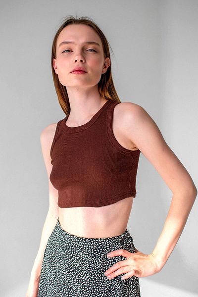 la & vetta Dark Brown Corded Super Crop Halter Neck Knitted Tank Top